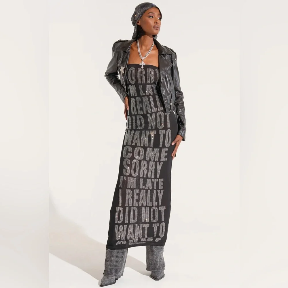 NWT. AKIRA I'm Late Rhinestone Graphic Midi Dress. - Picture 3 of 9